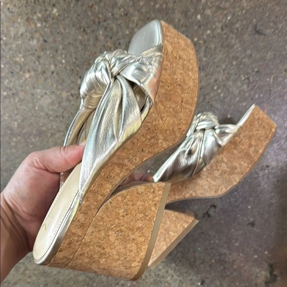 Marc Fisher Gold Mules with Bow Detail